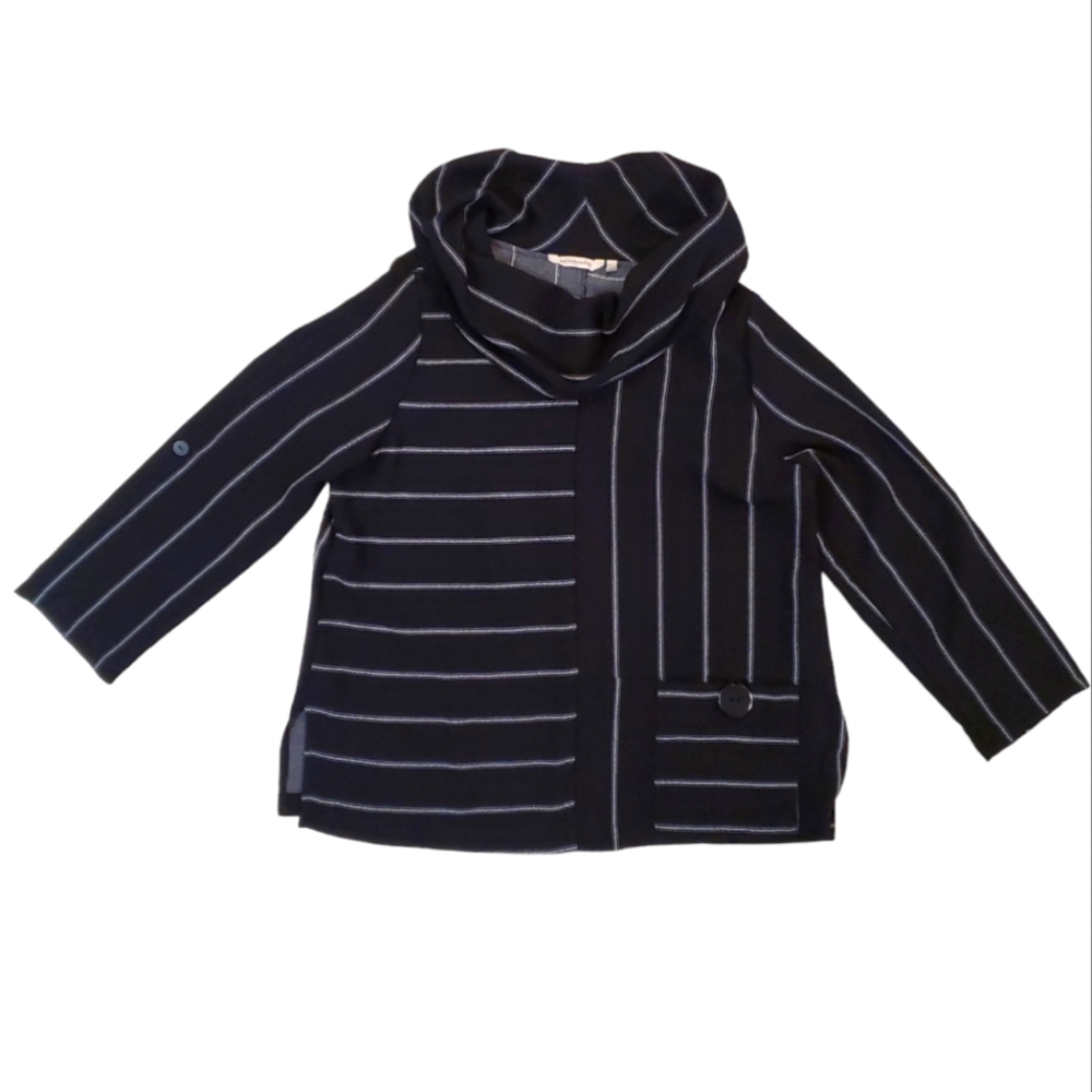 Soft Surroundings‎ Women's Black Stripe Cowl Neck Pullover Tunic Top Peti…